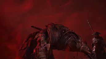 Phantom Blade Zero: Soul beside a fallen armoured giant in red light