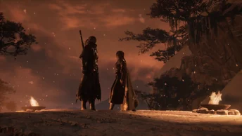 Phantom Blade Zero: Soul and a companion on a snowy ridge at dusk