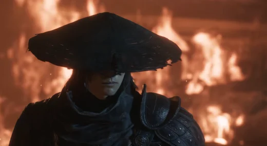 Phantom Blade Zero: Soul in his straw hat before a burning hall